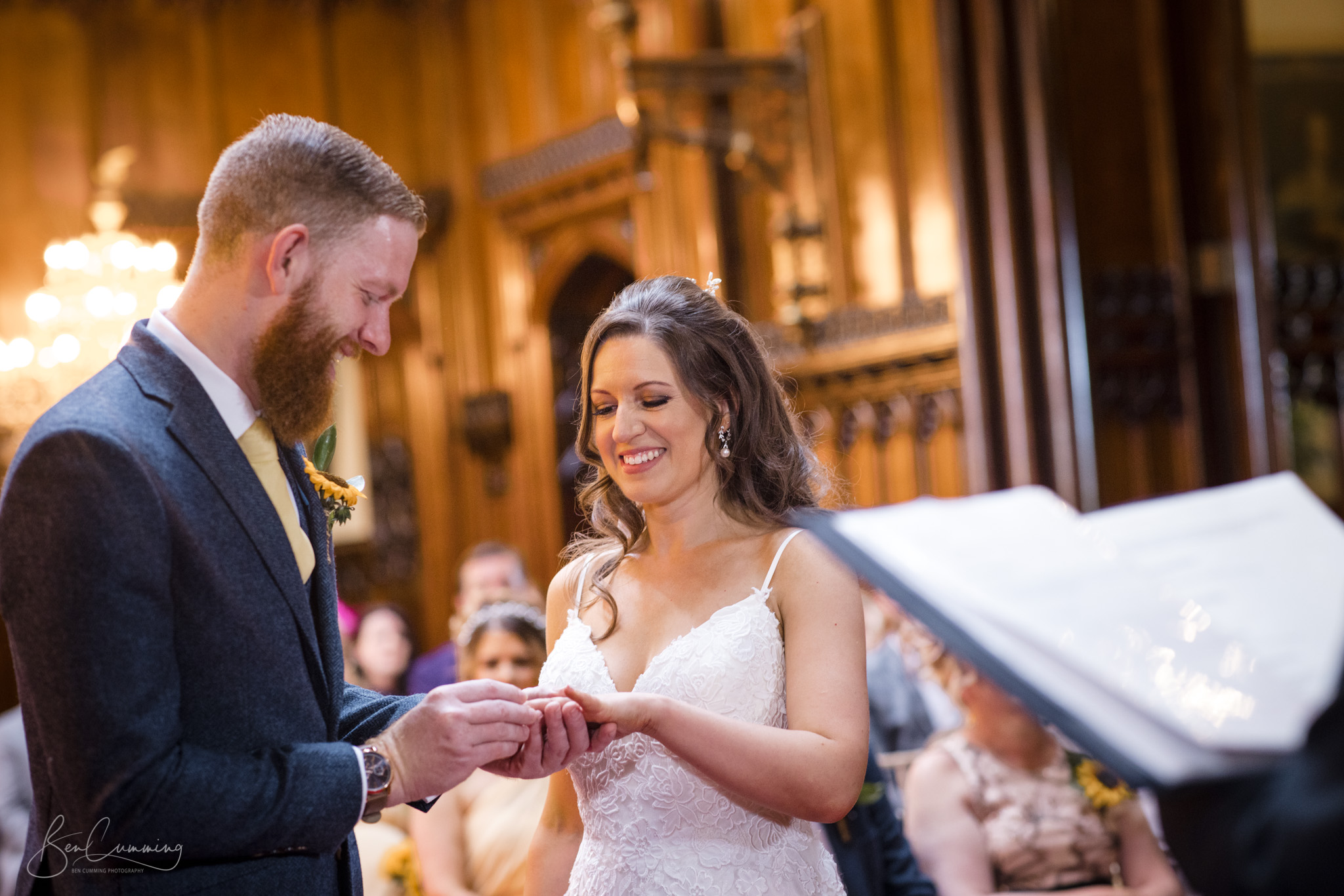 Bride and Groom exchange rings at Allerton Castle