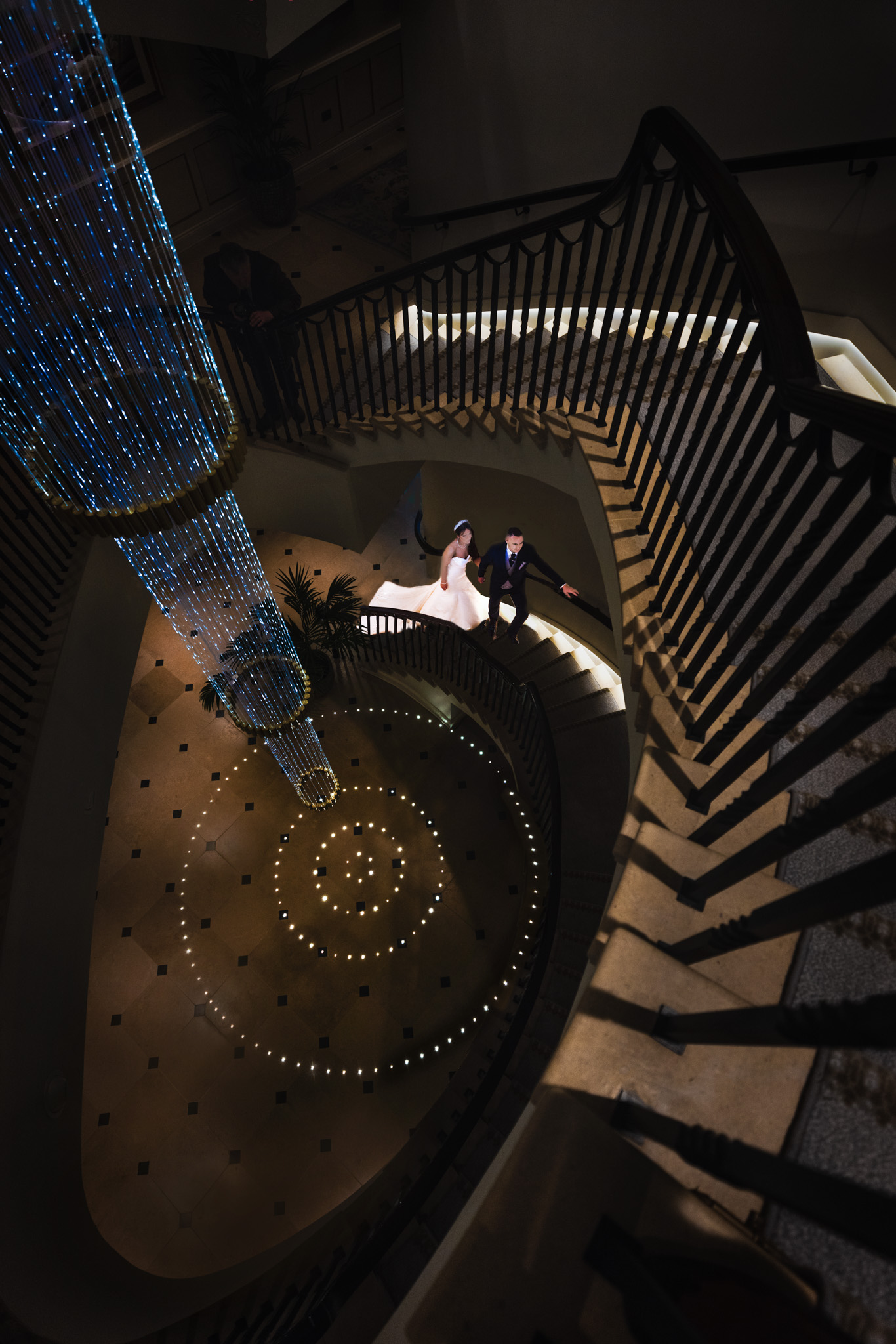 Bride and Groom on the Stairs at Grantley Hall